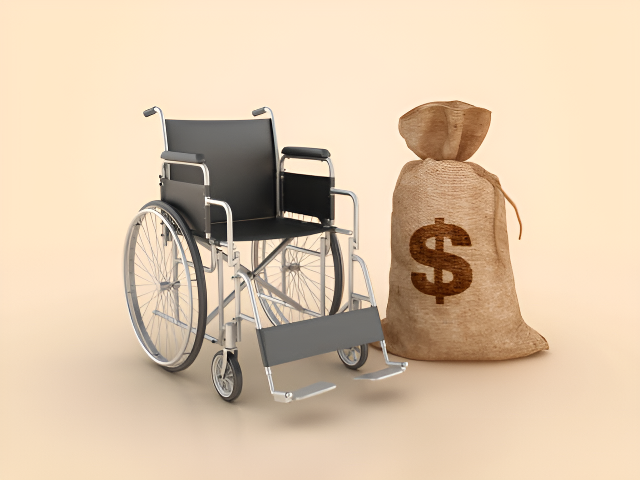 miniature wheelchair and a jute bag with a dollar sign print